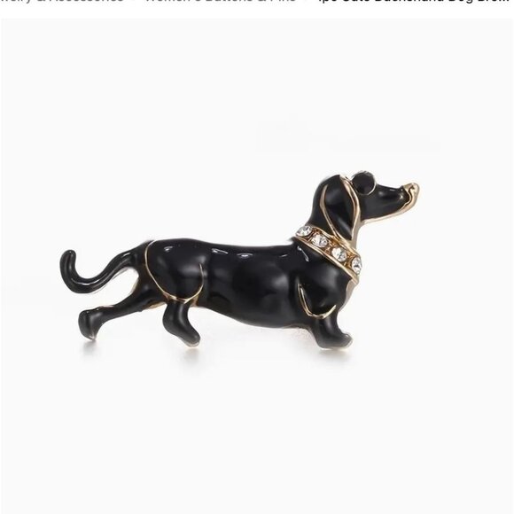 Dachshund Black Enamel Lapel Pin with Gold Tone Crystal Collar - Picture 1 of 2
